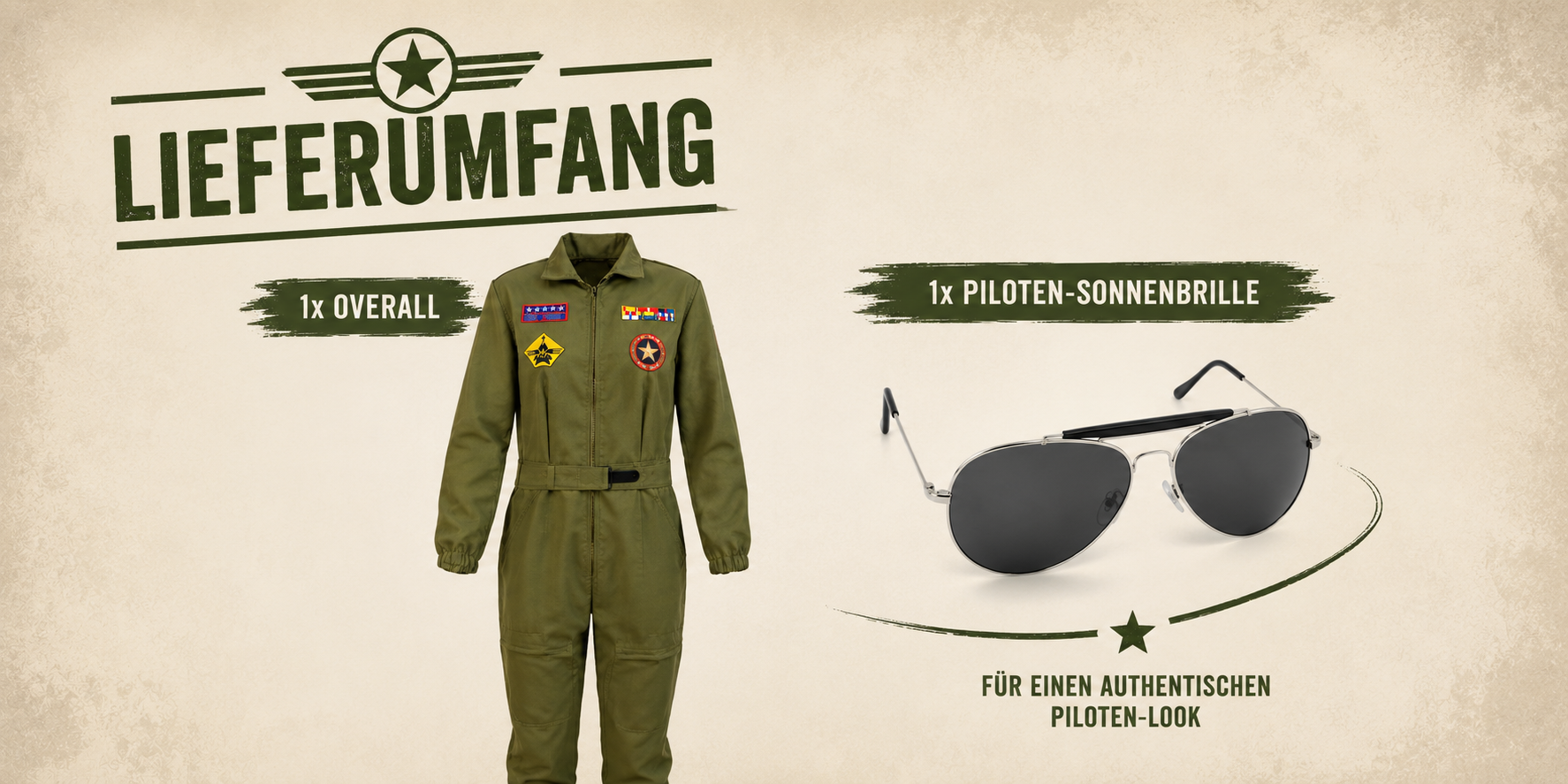 Lieferumfang Kampfpilotinnen-Kostüm mit Piloten-Sonnenbrille